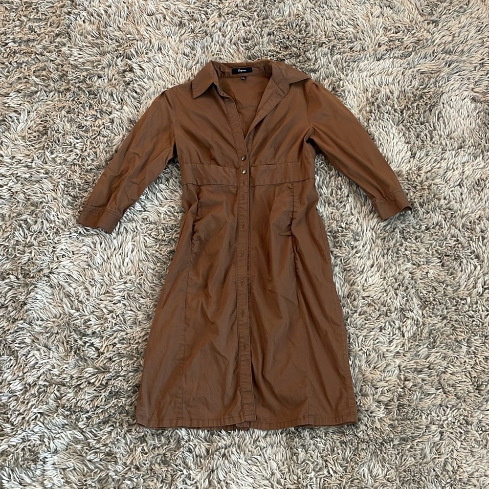 Express Y2K Brown Button 3/4 Sleeve Collared Dress